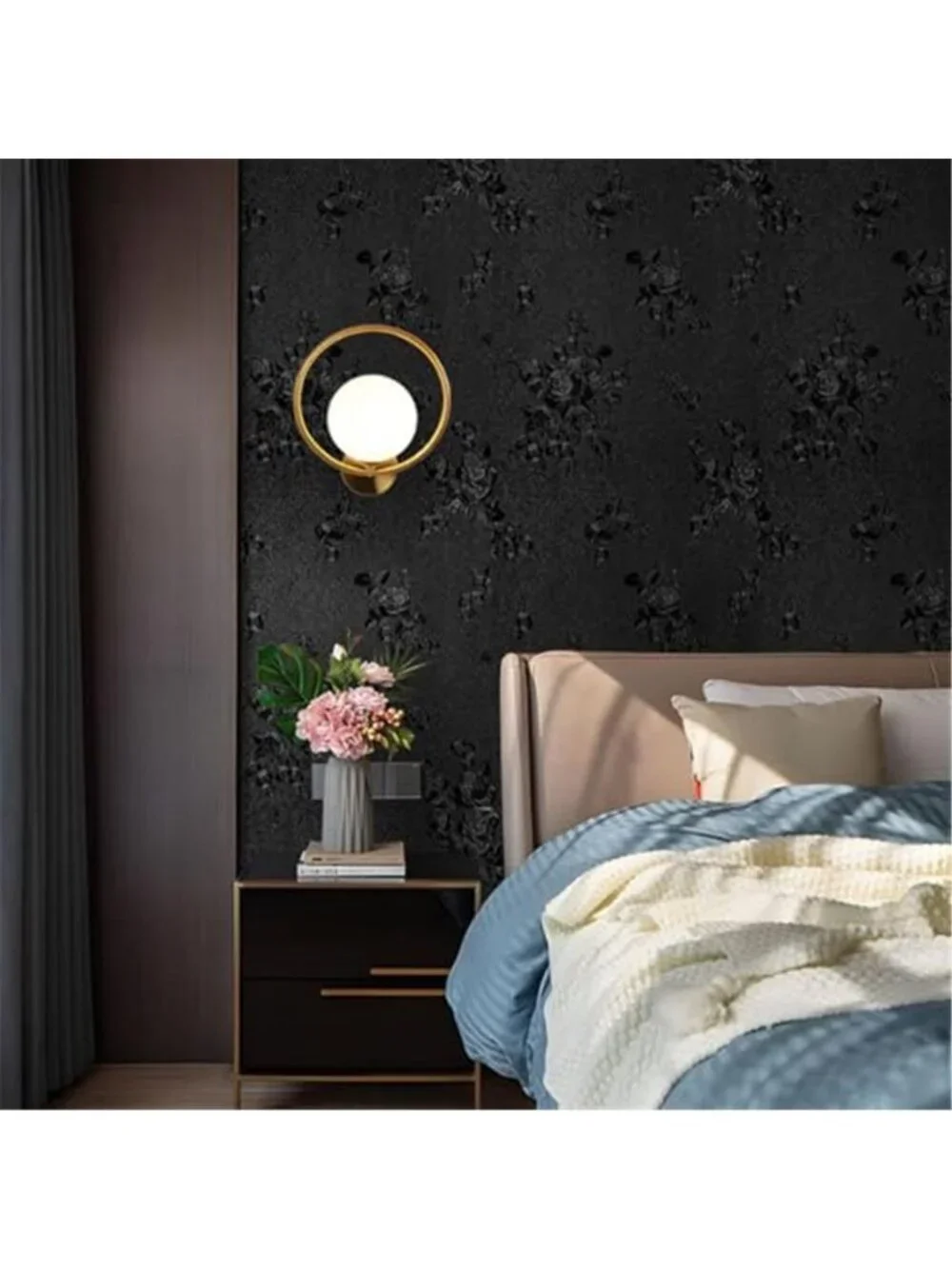 Black Floral Peel Stick Wallpaper Embossed Textured Removable Vinyl Contact